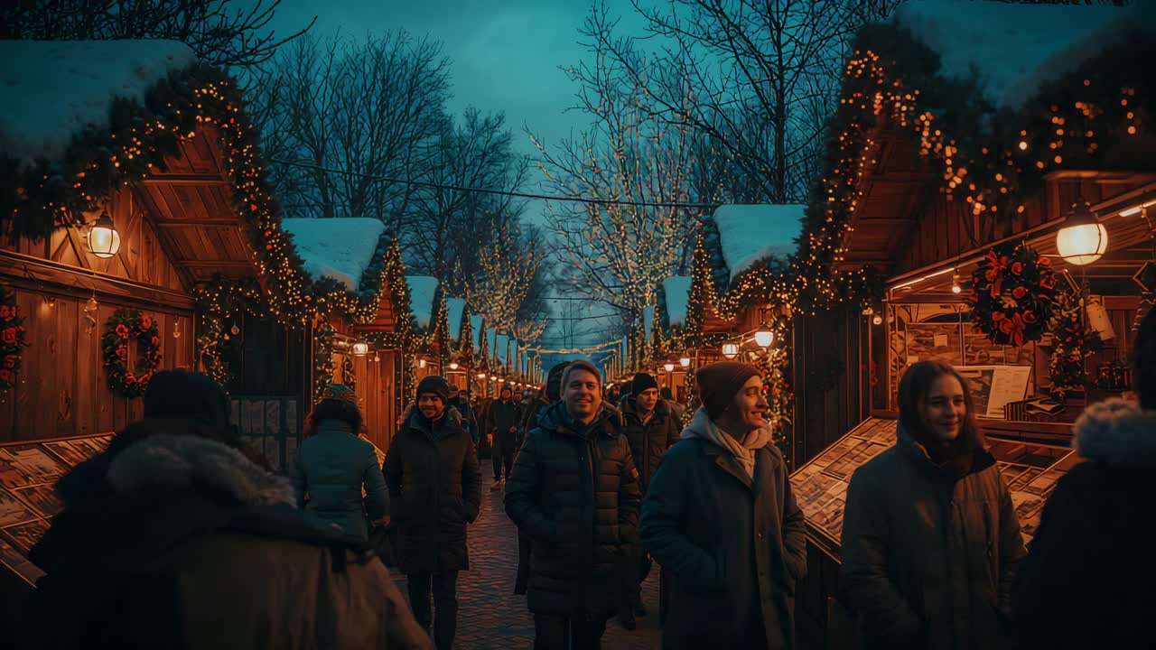 Walking group of bundled visitors entering twilight Christmas market walkway, exploring lit stalls