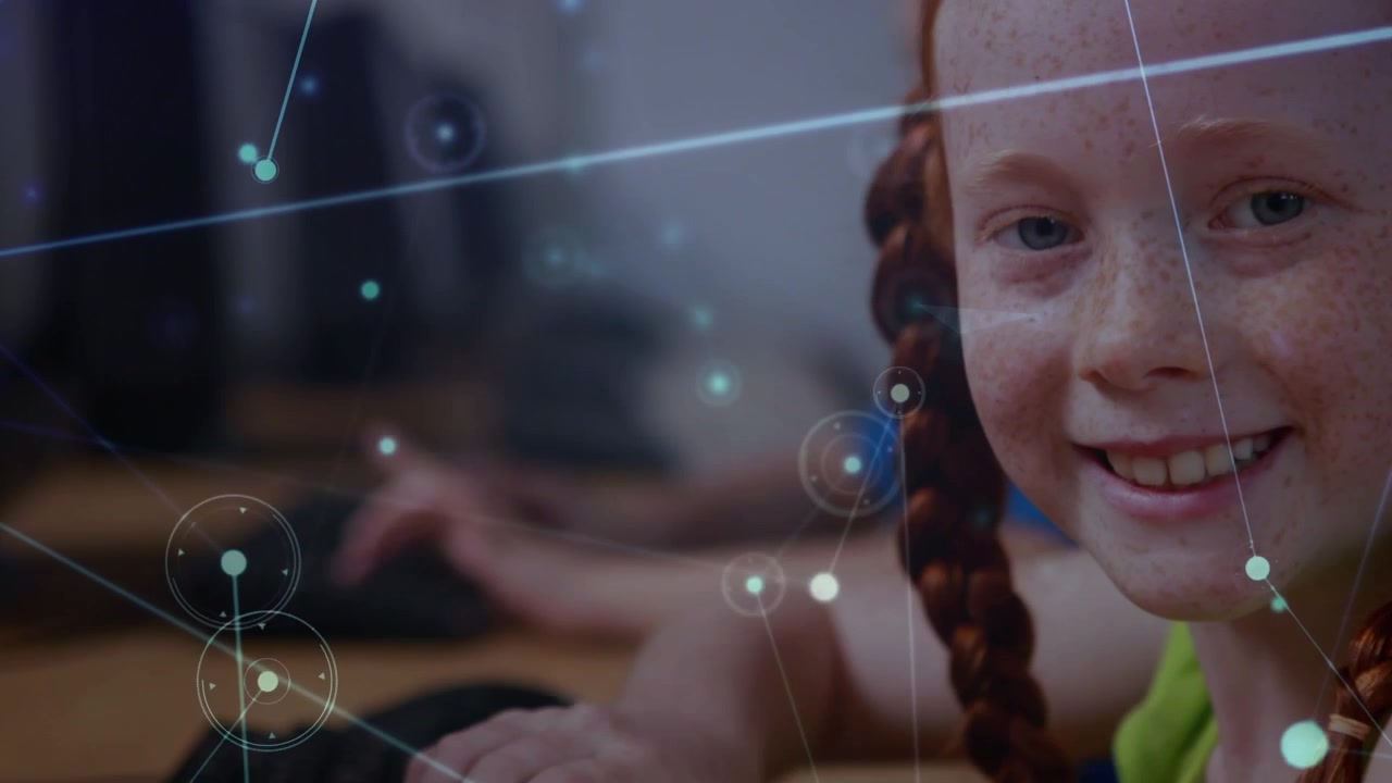 Animation of network of connections over diverse schoolchildren using computers in classroom