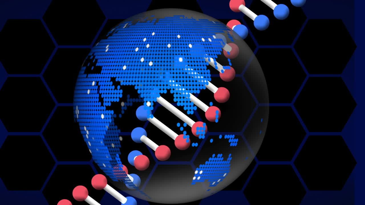파란색 배경의 육각형 위에 있는 dna 가닥과 지구의 애니메이션