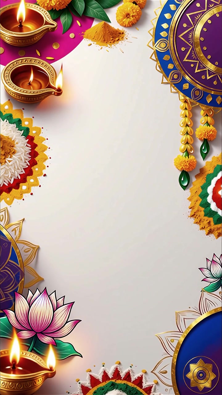 Sfondo Diwali con Diyas luminosi, Rangoli e fiori di loto