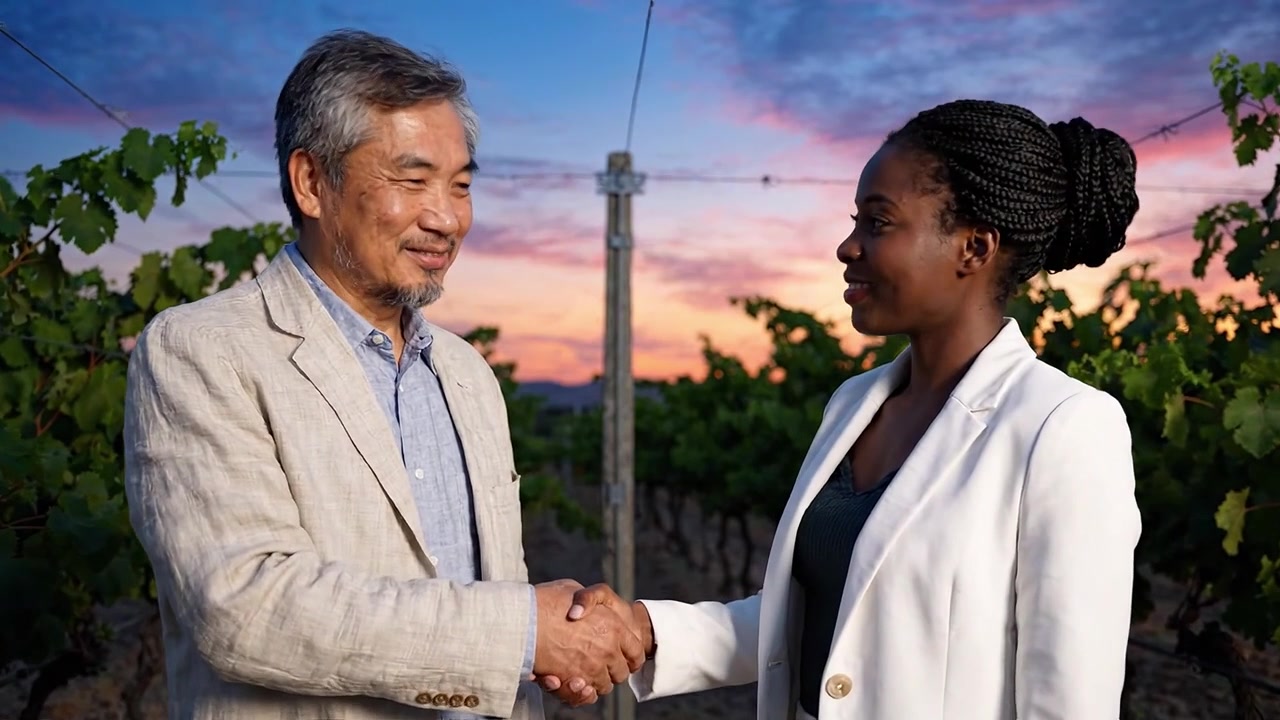 Una calda interazione tra due individui in un vigneto contro un cielo mozzafiato al tramonto, catturando l'essenza della connessione e del rispetto reciproco nella regione vinicola