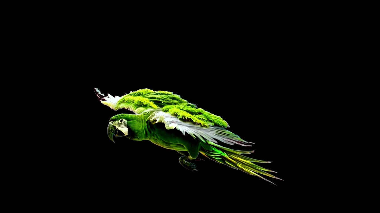 Arara Verde Estilizada com Asas de Floresta Voando em Fundo Preto