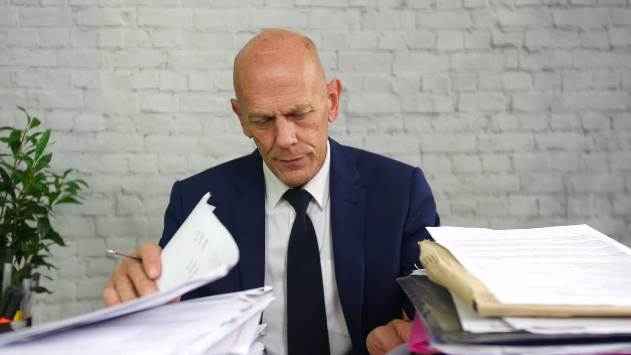 An over worked and overwhelmed businessman at work with stacks of paperwork on his desk