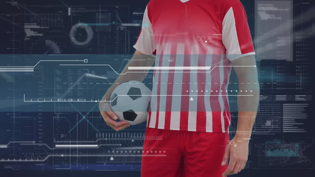 animación del procesamiento de datos sobre un jugador de fútbol caucásico