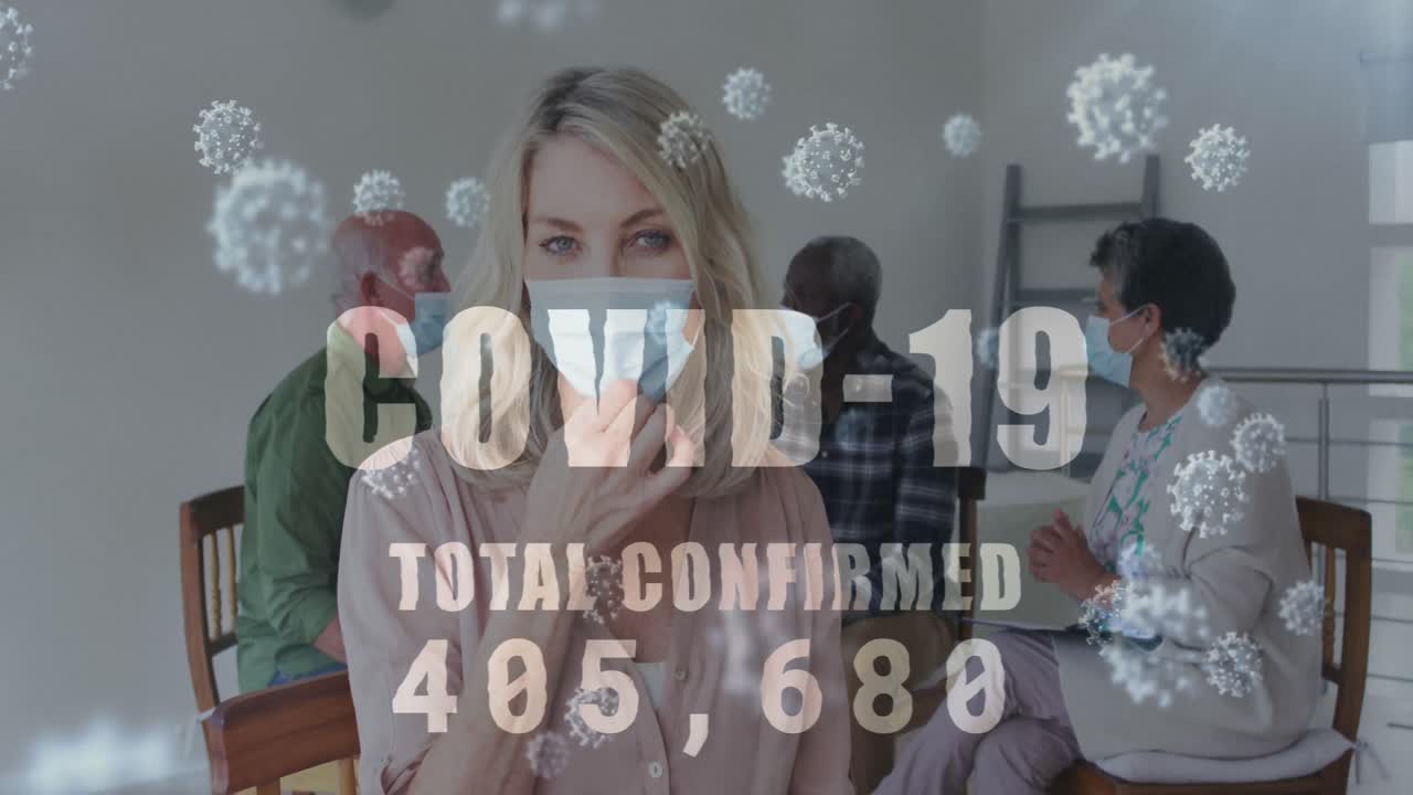 코로나19 사례가 증가하는 코로나19 텍스트 카우카시아 여성의 초상화가 얼굴 마스크를 벗고 있습니다.