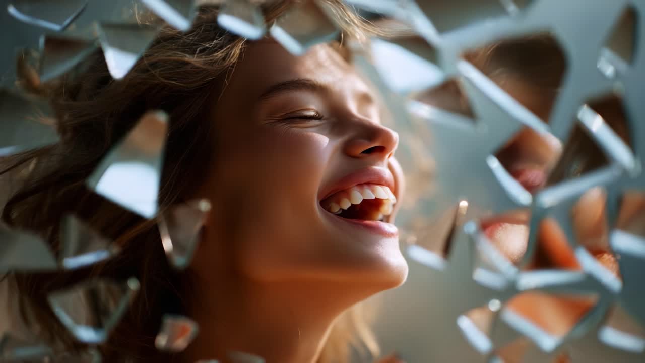 Un sourire joyeux se reflétant à travers un verre brisé : célébrer la beauté et l’optimisme face à la fragmentation et au changement, capturés dans deux moments de rire et de lumière