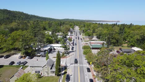 downtown of small resort township - glen arbor, aerial drone view