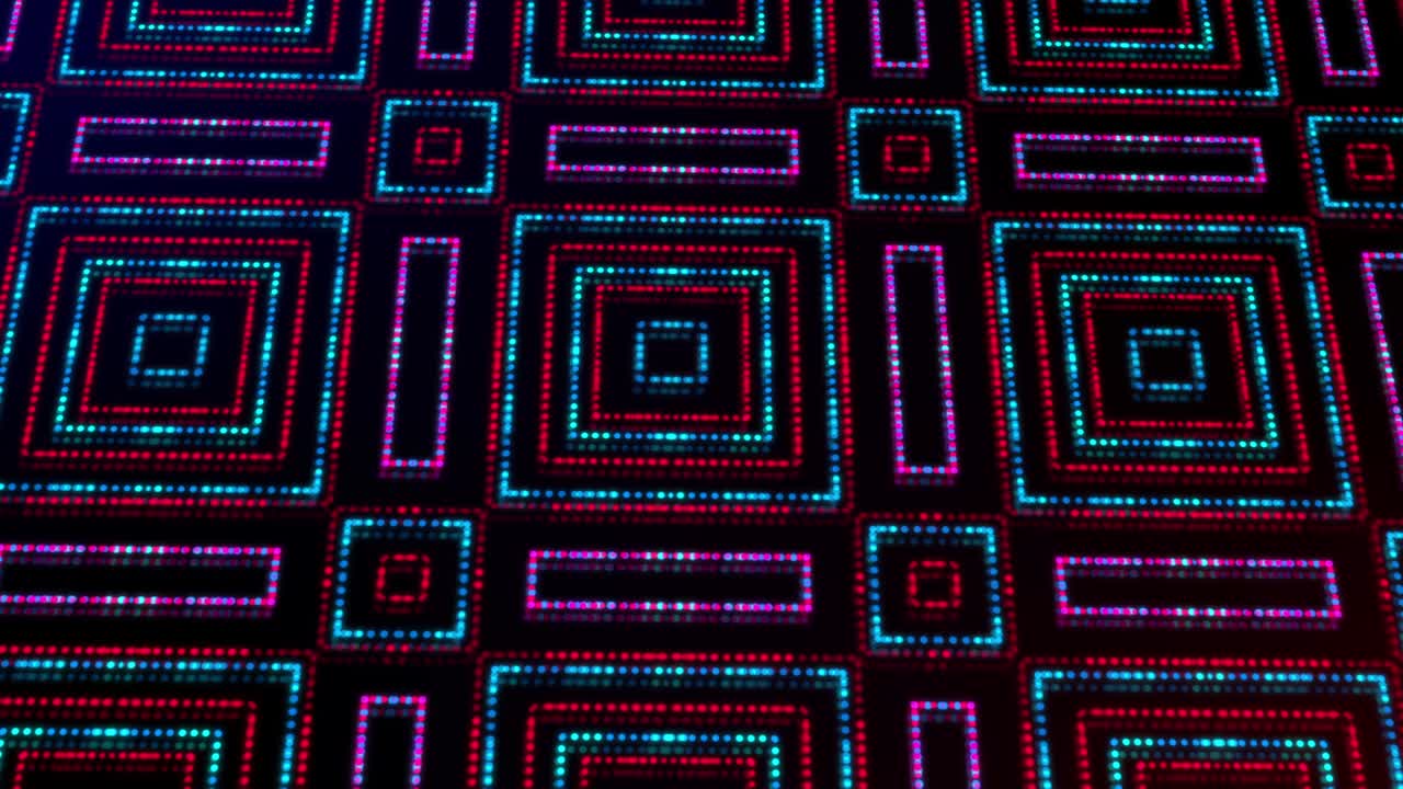 ilustración animada de luz brillante con puntos rosados, rojos y azules y estrellas de formas cuadradas.