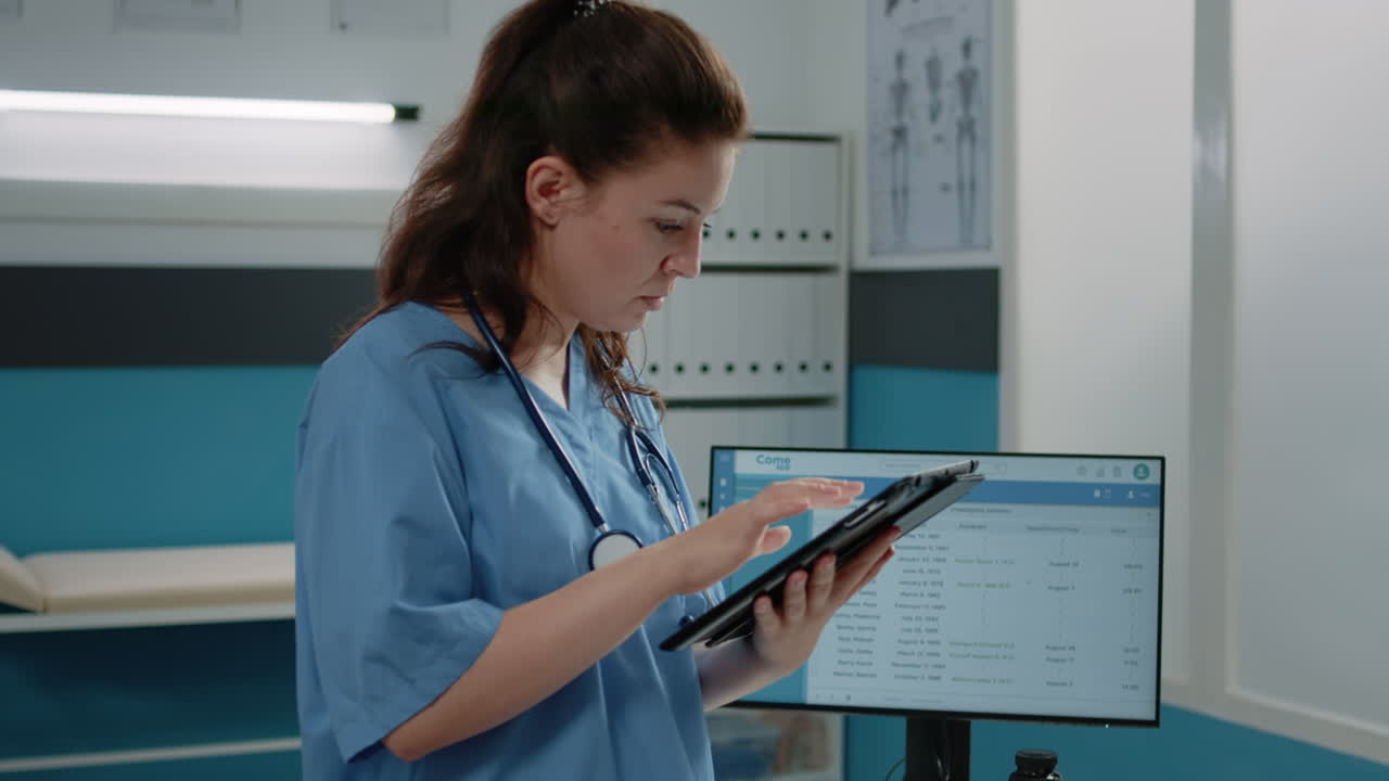 Nurse using tablet in medical office