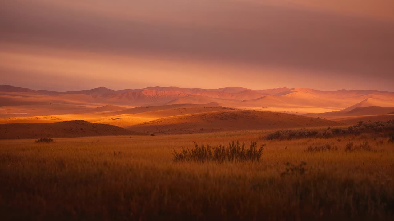 Breaking sunlight moving across rolling golden grassland lighting mid-distance slope and low clouds