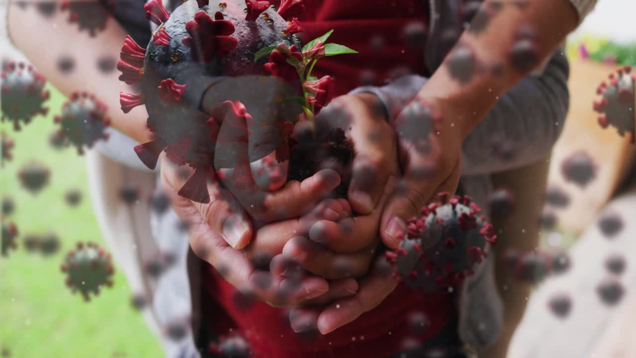 Child holding soil sprout while adult moving hands to join, supporting plant amid virus environment