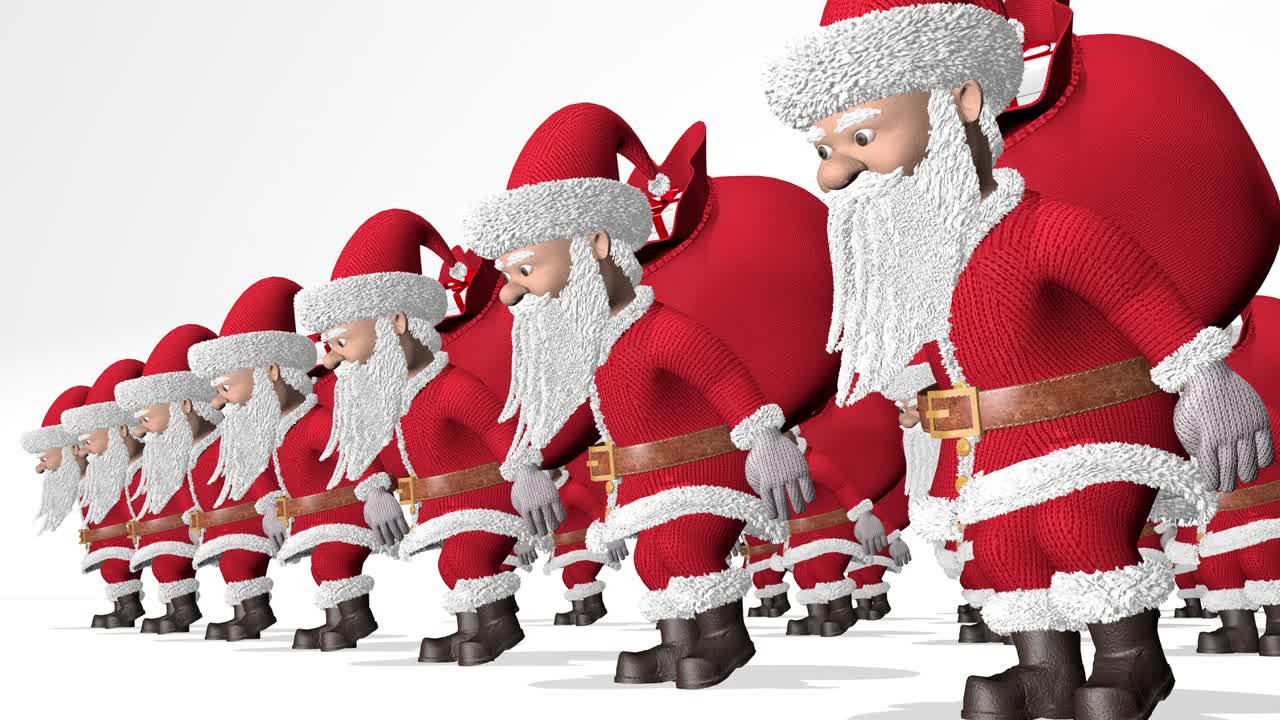 el ejército de santa claus lleva bolsas de regalos. feliz navidad y feliz año nuevo 2020 animación. bucle sin costuras.