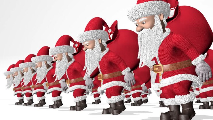 Santa Claus army carries bags of gifts. Merry Christmas and Happy New Year 2020 animation. Seamless loop.