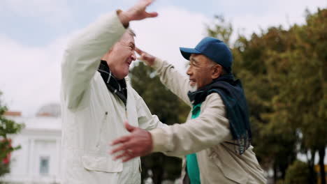 fist bump, hug and elderly friends with bonding