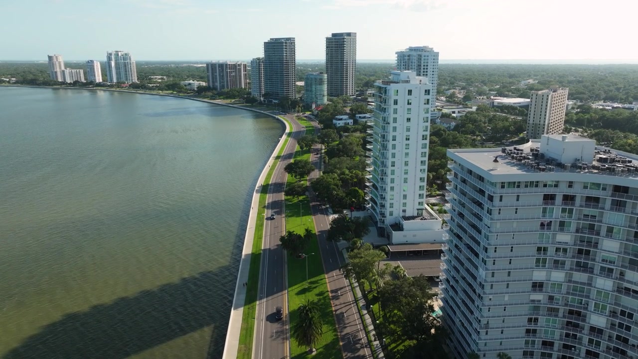 Ripresa aerea della sinuosa curva di Bayshore Boulevard a Tampa, Florida, incorniciata da moderni condomini a torre, vegetazione lussureggiante e le calme acque della Baia di Hillsborough