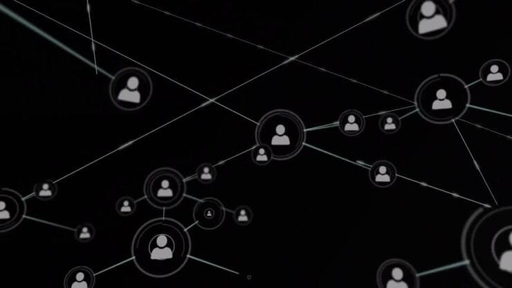 Animazione digitale di rete di icone di profilo su sfondo nero
