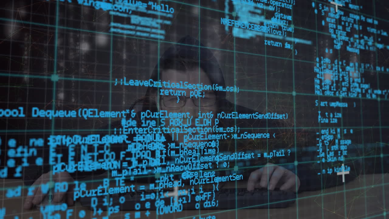 카우카스 해커가 키보드에서 입력하는 데이터 처리의 애니메이션