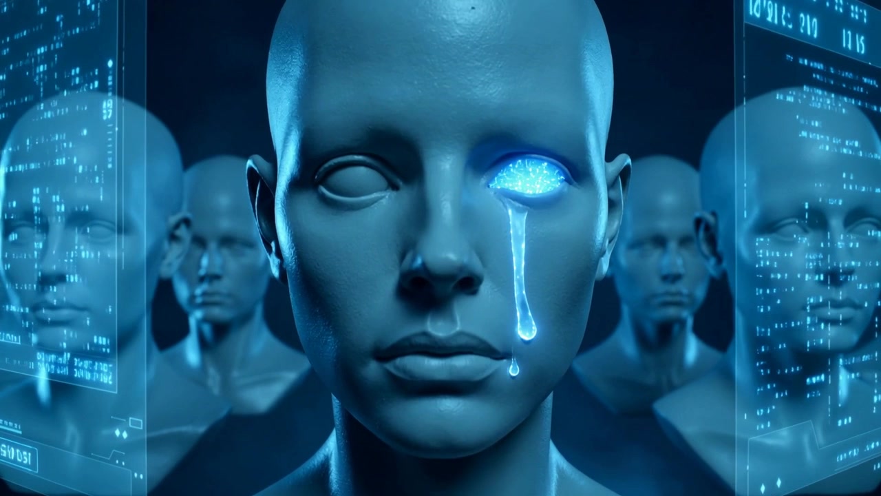 In risposta a pannelli olografici che appaiono, un busto centrale produce un flusso di lacrime blu luminescenti in un laboratorio in penombra.