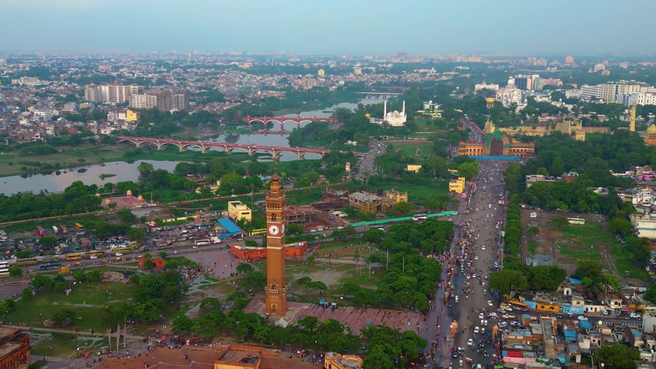 Husainabad Clock Tower and Bada Imambara India Architecture view from drone
