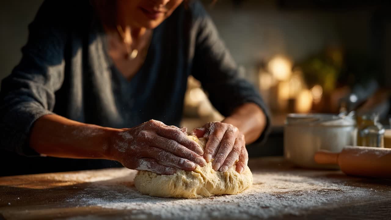 A Passionate Baker Kneads Fresh Dough with Care in a Warm, Rustic Kitchen, Surrounded by Shadows and Soft Light, Creating a Moment of Culinary Artistry