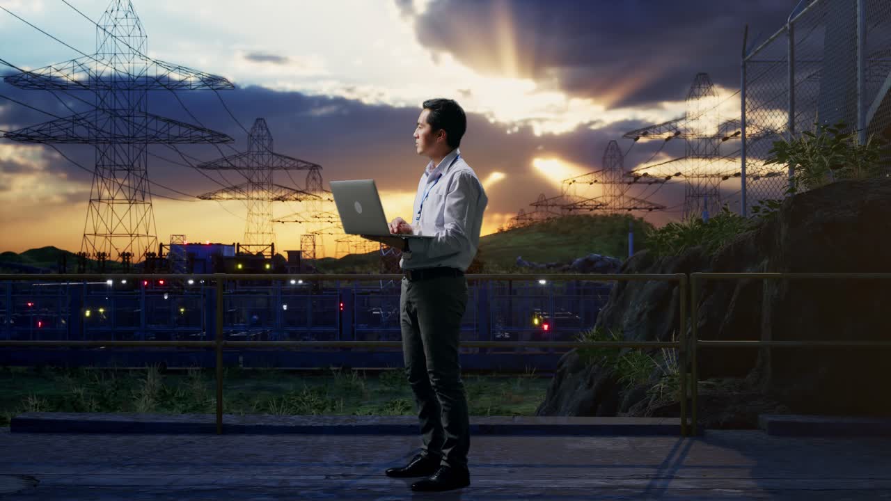 Full Body Side View Of An Asian Male Professional Worker Standing Near High Voltage Tower, Industrial Facility, Observes By Looking Up Before He Come To Concentrating On The Laptop And Keep On Typing