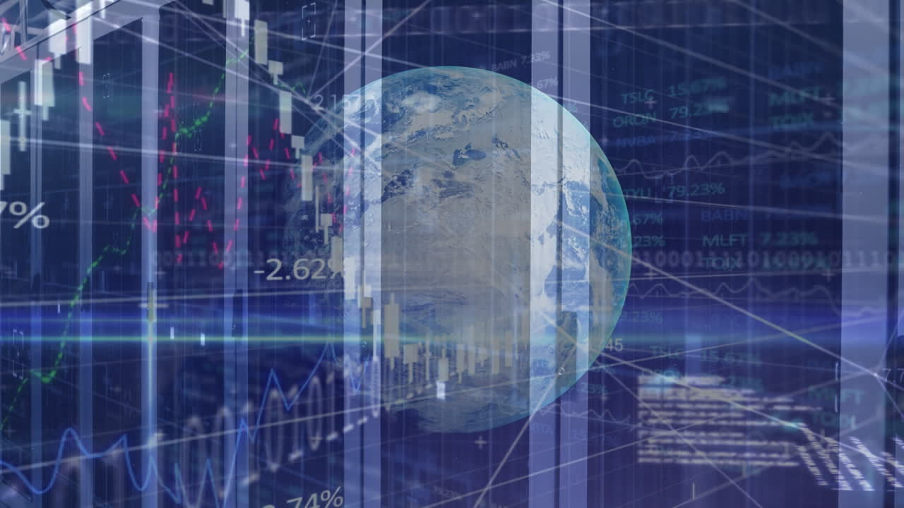 Animazione di globo, diversi dati finanziari e grafici su server
