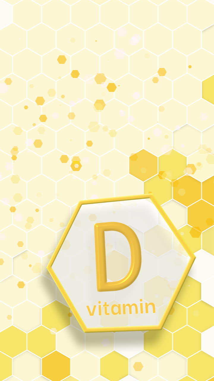 3D animation of an icon with the inscription Vitamin D on a yellow background with a hexagonal honeycomb pattern. Looped. Vertical video.