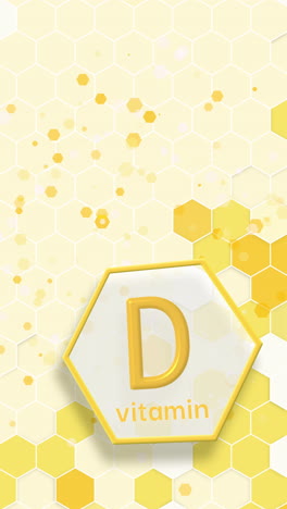 3d animation of an icon with the inscription vitamin d on a yellow background with a hexagonal honeycomb pattern. looped. vertical video.
