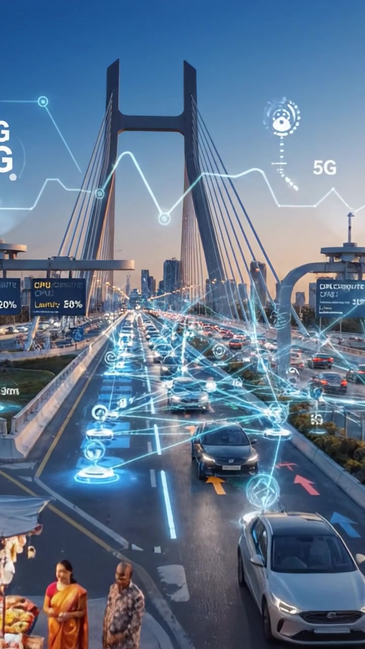 Un paesaggio urbano futuristico che mostra tecnologia avanzata e connettività 5G, con traffico intenso sotto un ponte suggestivo e uno skyline cittadino illuminato al crepuscolo