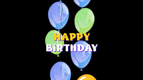 animación del texto de feliz cumpleaños sobre globos coloridos sobre fondo negro