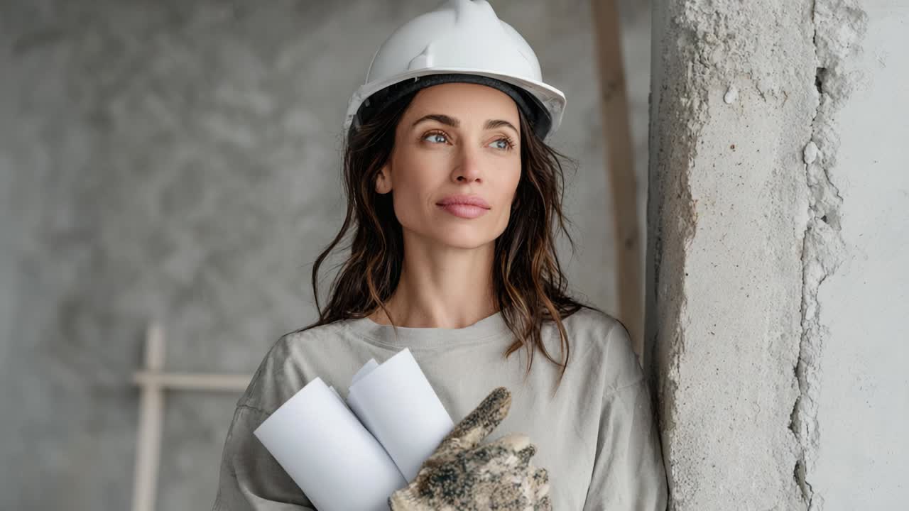 Woman Construction Worker with Hardhat and Plans