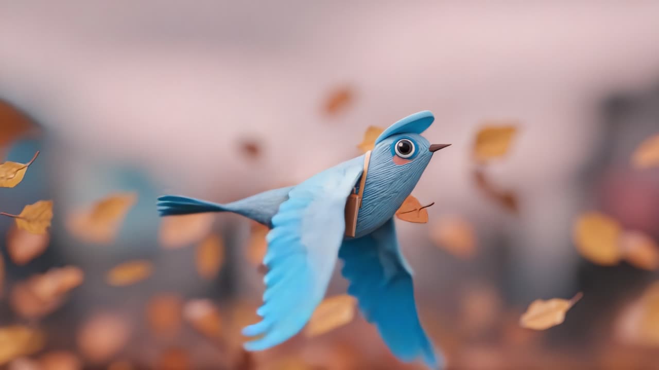 A Whimsical Blue Bird in Flight Grasping a Package Amidst Autumn Leaves, Eliciting a Sense of Adventure and Wonder in a Colorful Animated Scene