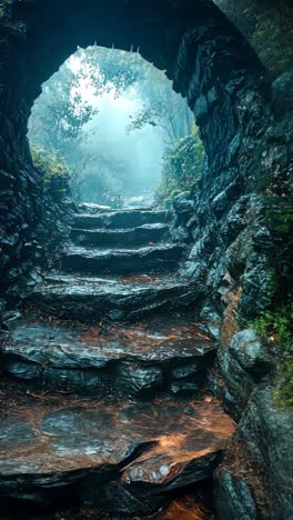 misty stone staircase leading into a mysterious forest path