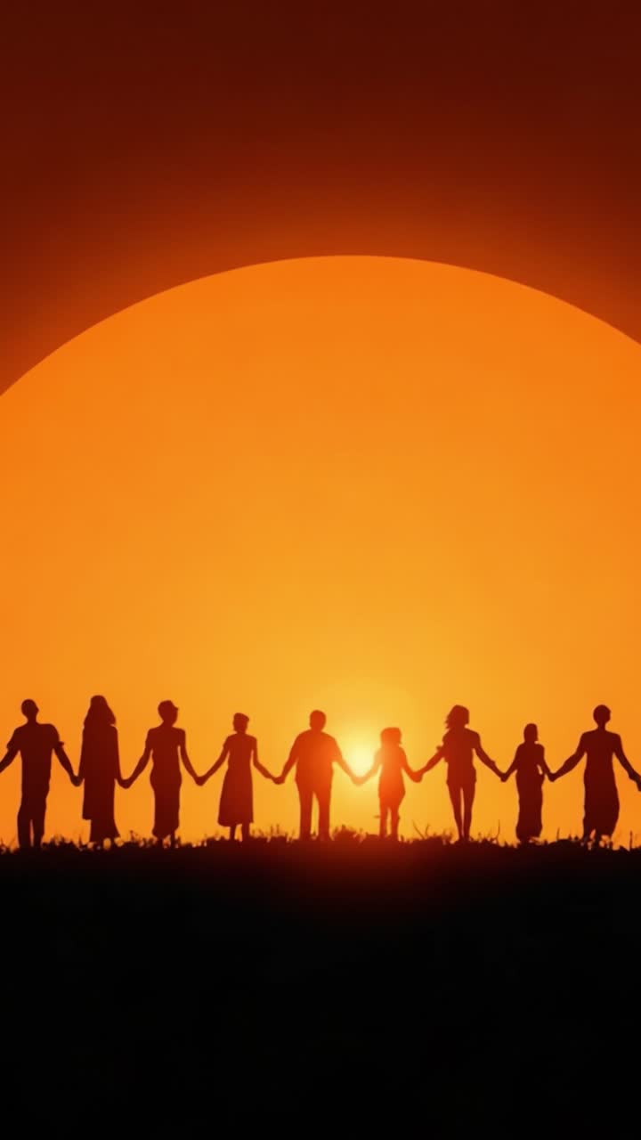 Silhouette of a Diverse Group Holding Hands Against a Stunning Sunset, Symbolizing Unity, Friendship, and Togetherness in a Serene Landscape