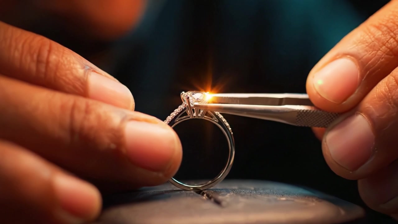 Artigiano che Crea un Anello di Fidanzamento Mozzafiato con Precisione e Abilità, Mettendo in Mostra i Dettagli Intricati di un Diamante di Alta Qualità e una Squisita Lavorazione del Metallo