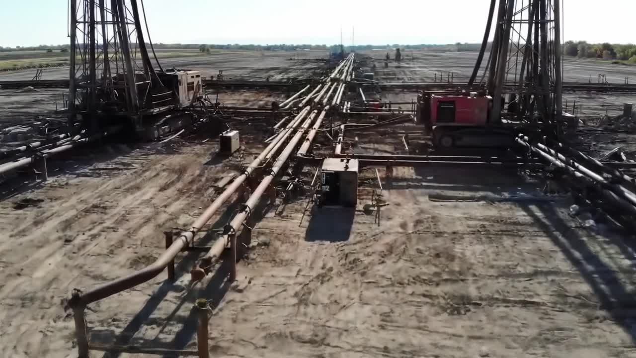 Aerial View of Industrial Oil Extraction Site with Drilling Rigs and Extensive Pipeline Infrastructure Overlooking an Expansive Field