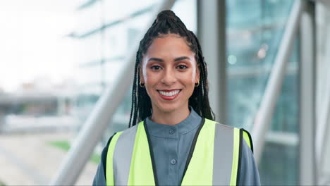 face, engineer smile and woman at workplace