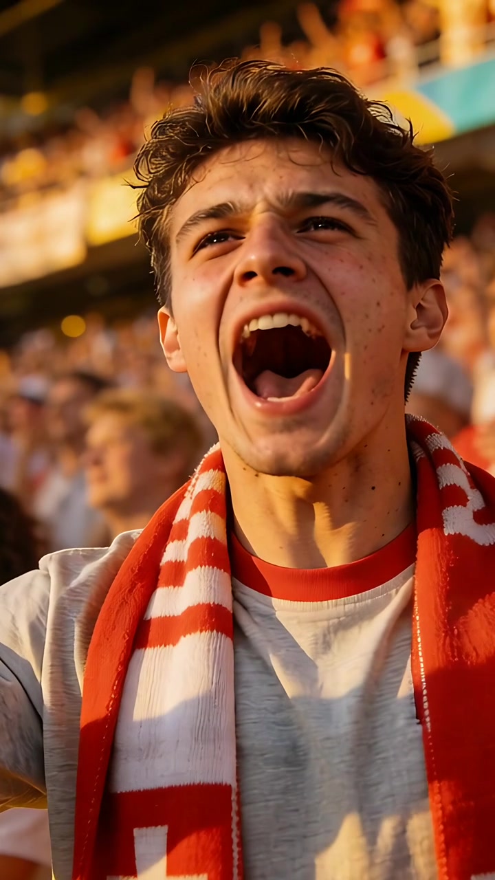 Video verticale: Uomo che esulta con sciarpa rossa che reagisce dopo un gol mentre la folla sventola bandiere allo stadio.