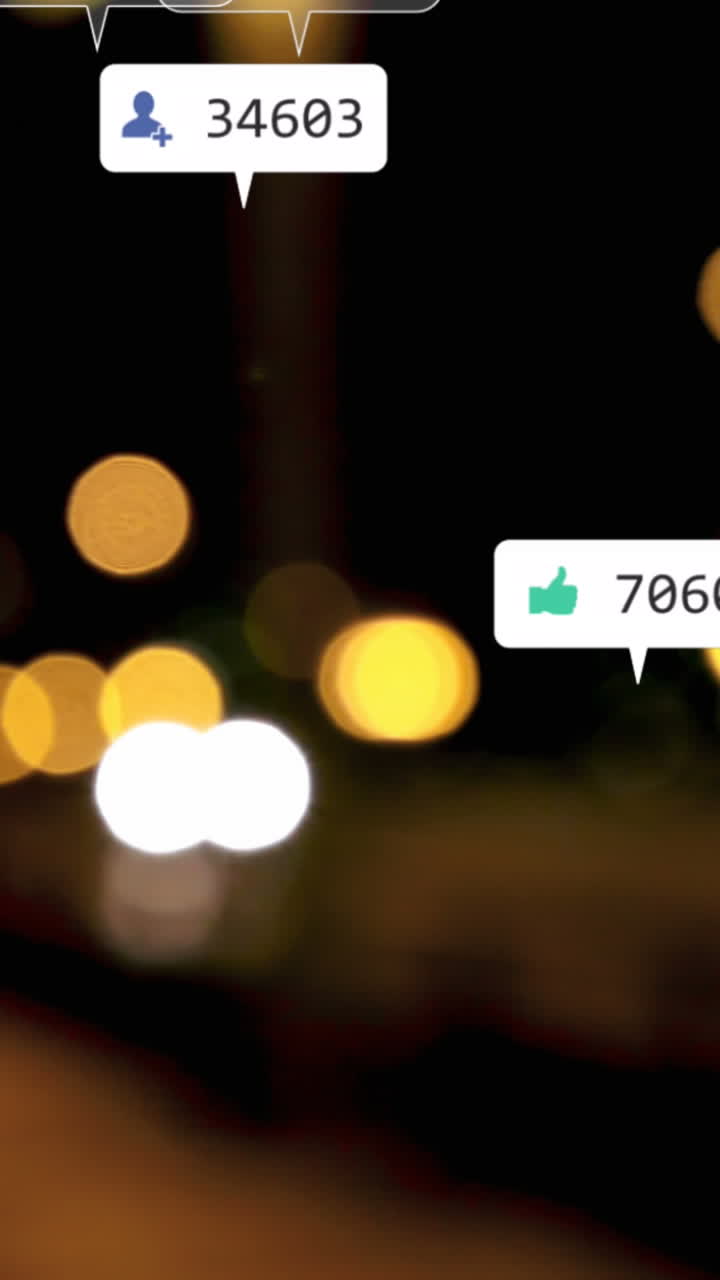 Animazione di icone e numeri dei social media su traffico stradale e paesaggio urbano
