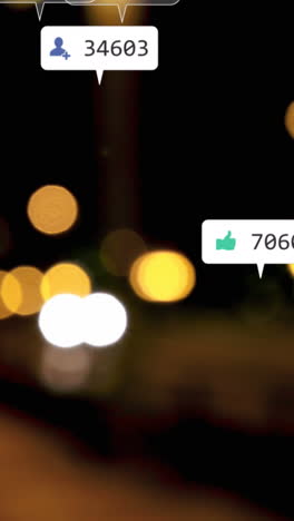 animación de iconos y números de redes sociales sobre el tráfico vial y el paisaje urbano