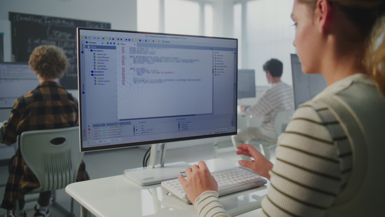 In Game Dev Workshop Young Woman Typing Program Code on Monitor