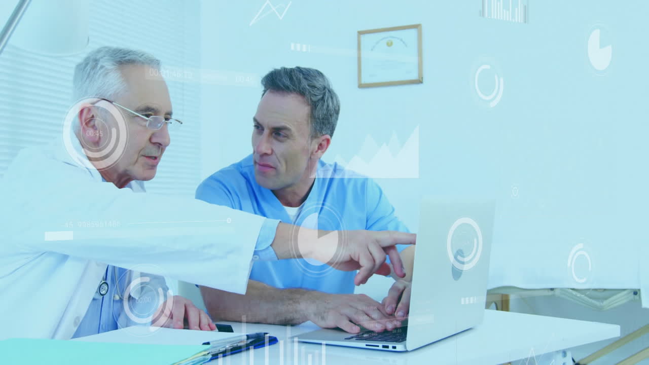 Animation of data processing over caucasian doctors using laptop