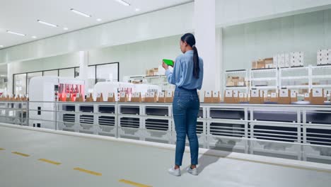 full body back view of asian female with green screen smartphone with conveyor for packaging coffee beans in bags at coffee factory, industrial facility