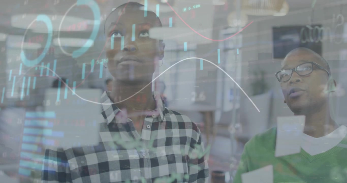 Animation of financial data processing over business people working in office
