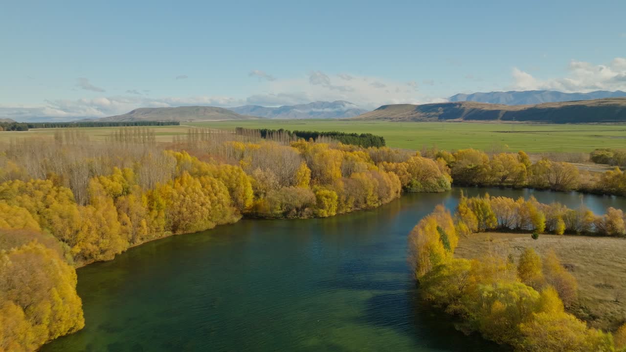 Lake shore filled with yellow colored trees during fall season at Twizel, NZ