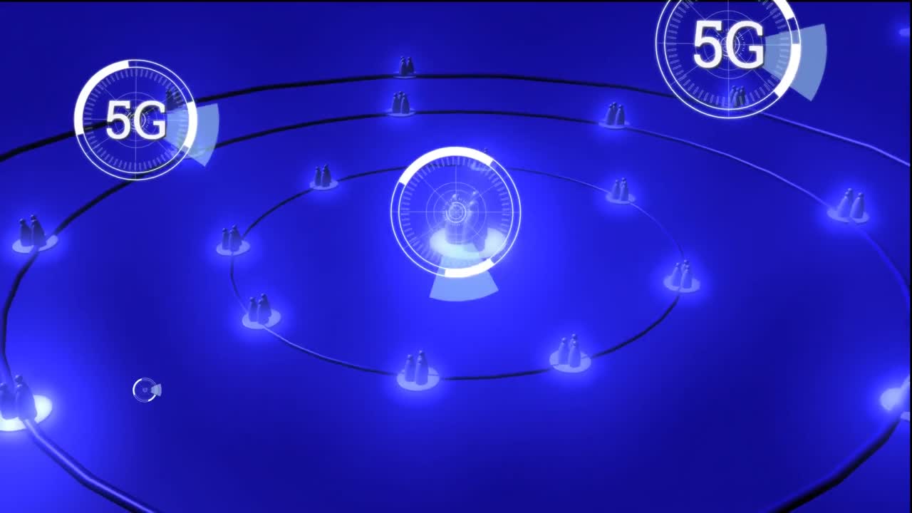 iconos de perfil y 5g escrito en el medio de un círculo futurista