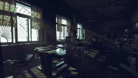 abandoned classroom with sunlight filtering through dusty windows