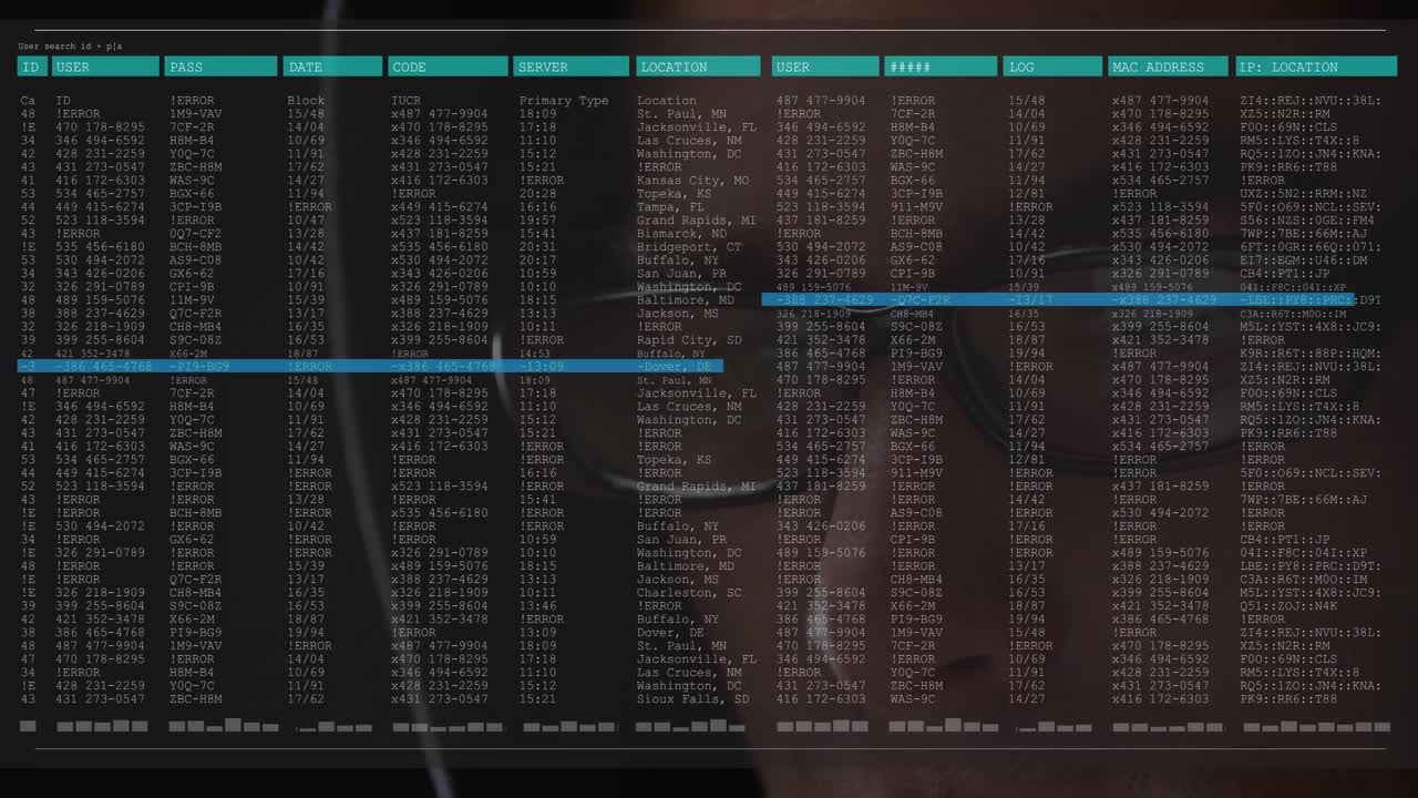 Animation of data processing on computer screen over close up of male hacker