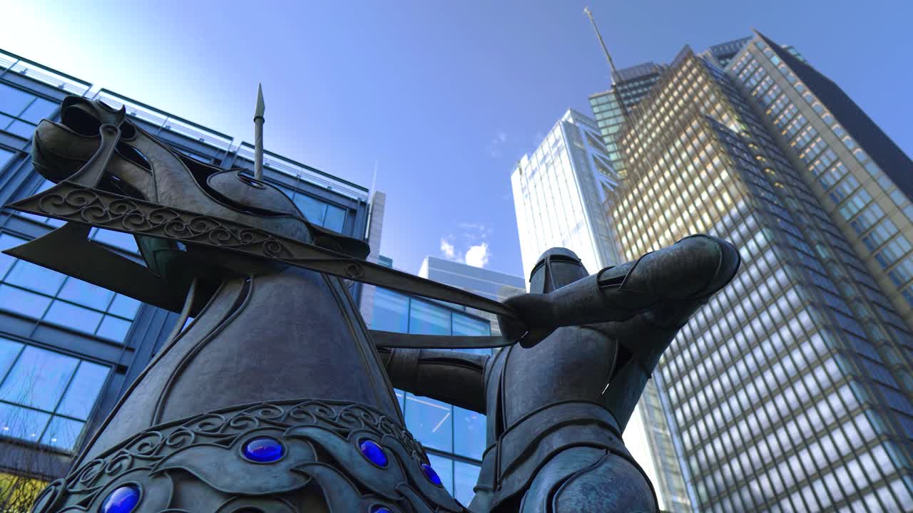 Ancient knight holding a spear on a horse with blue crystals in the middle of London city sunny day low angle