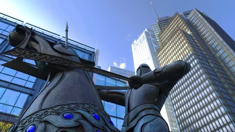 ancient knight holding a spear on a horse with blue crystals in the middle of london city sunny day low angle